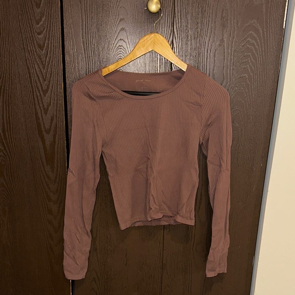 Pink Rose Long Sleeve Ribbed Top - Brown - size - medium